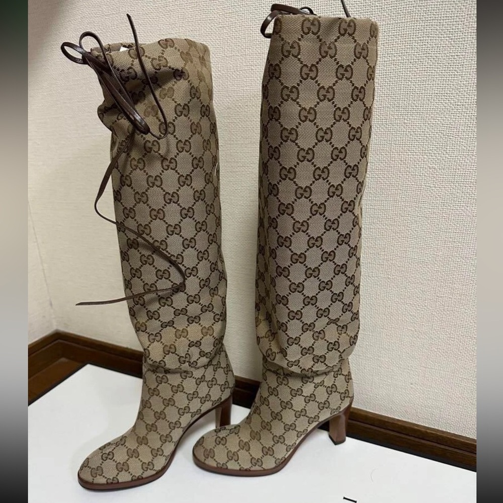 Gucci Brown Monogram Heeled Boots - Picture 3 of 6